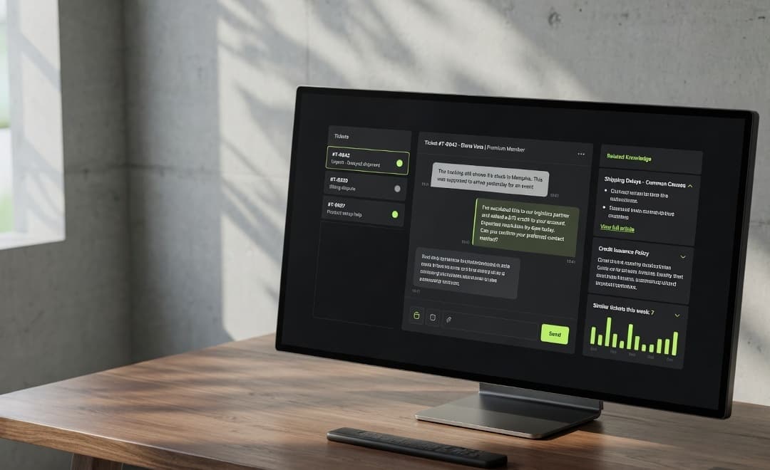 Aurelia support desk on a studio monitor — live tickets, related knowledge, and a conversation already in progress