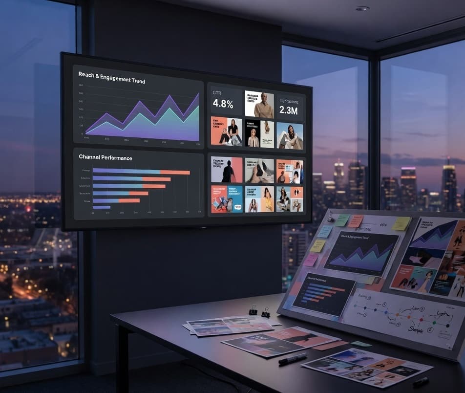 Meridian marketing war room at dusk — a wall display of reach, creative, and channel performance above the weekly board