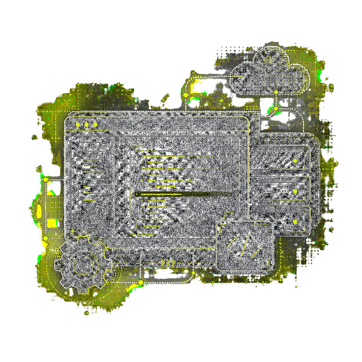 Lime-on-black illustration of a code editor connected to servers, a cloud, and a gear