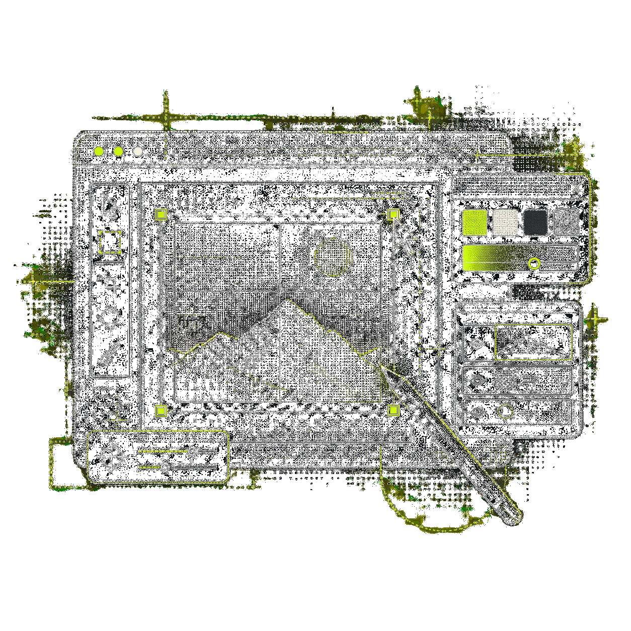 Lime-on-black illustration of a design canvas, colour panel, and pen
