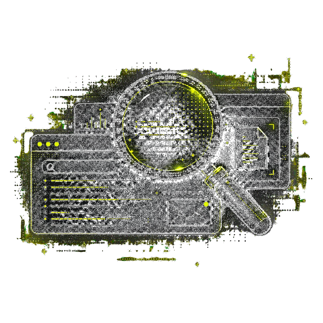 Lime-on-black illustration of a magnifying glass over search, inbox, and document windows