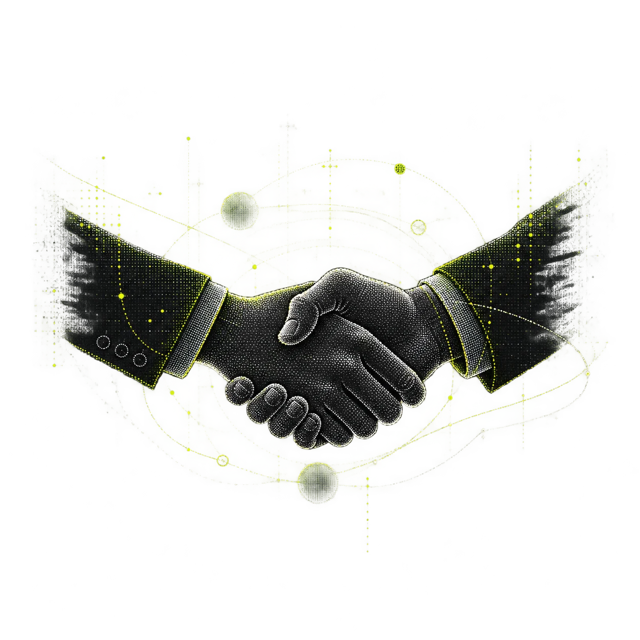 Lime-on-black illustration of a handshake ringed with lime light